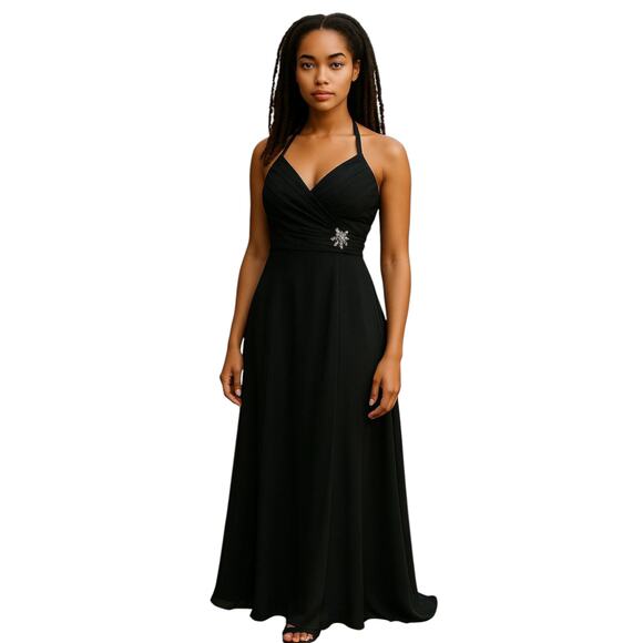 Mori Lee Formal Evening Gown Womens 10 Black Halter Maxi Dress Wedding Party - Picture 1 of 12